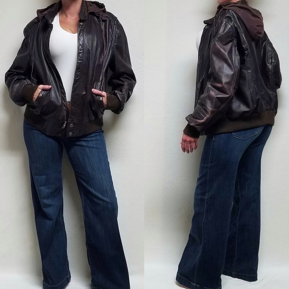 VINTAGE 1970s Christopher Street Hooded Distressed Brown Leather Bomber Jacket